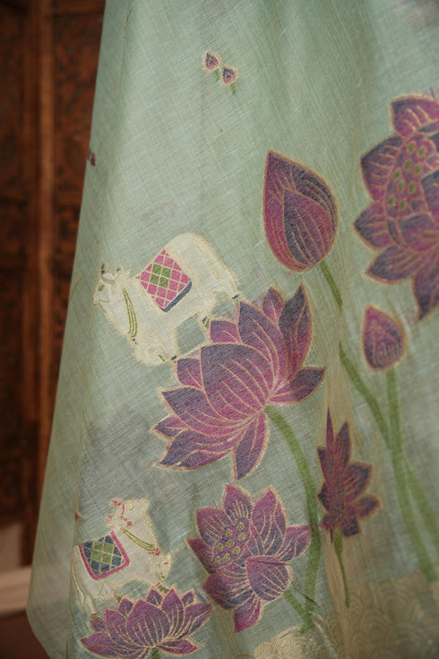 Contemporary Cow Blue Muga Cotton Jamdani Unstitched Suit Set